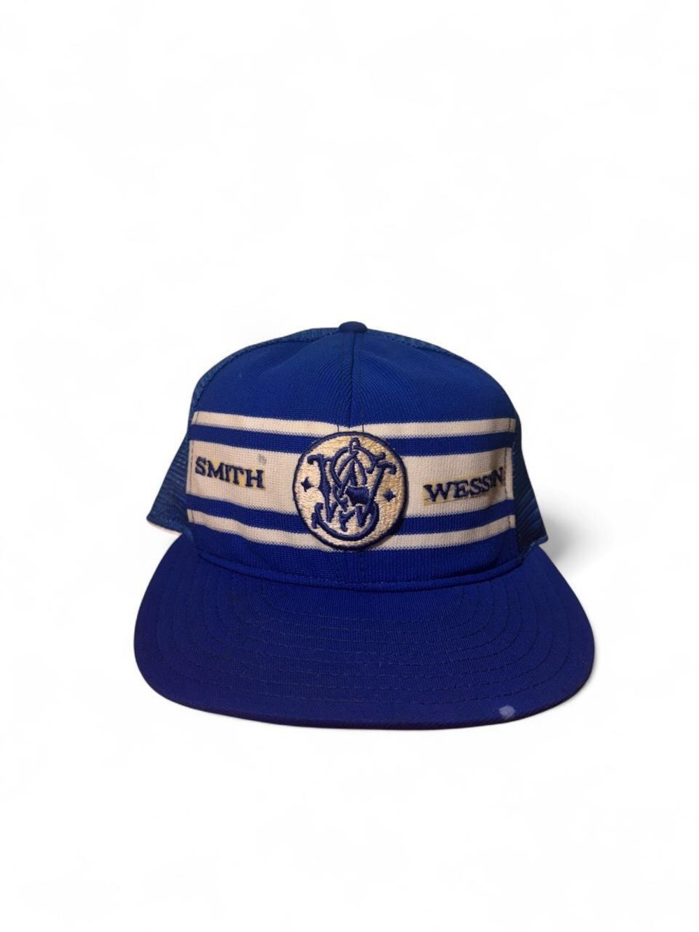 Vintage 70s 80s Smith & Wesson mesh back striped snapback hat blue white USA